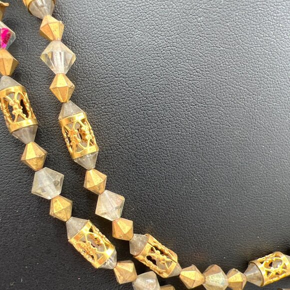 Vtg Double Strand 18" Beaded Necklace GoldTone AB Crystal Bicone Filigree Tubes - Picture 2 of 8